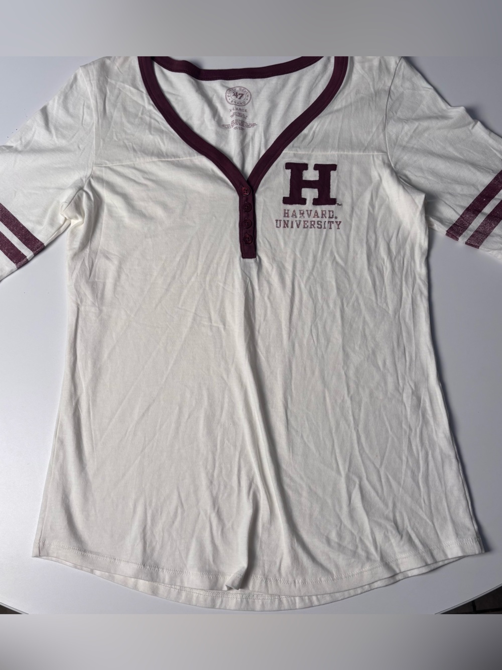 Harvard University V-Neck Henley Striped Sleeve Top XL - maroon/ white